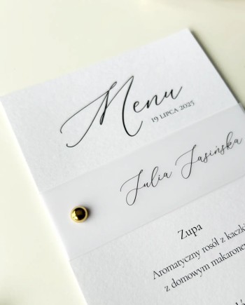 Menu ślubne na stoły z winietką z kalki i złotym nitem Elena