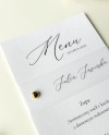Menu ślubne na stoły z winietką z kalki i złotym nitem Elena